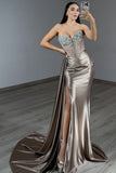 Sparkly Grey Mermaid Beaded Corset Prom Dress with Slit
