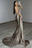 Sparkly Grey Mermaid Beaded Corset Prom Dress with Slit