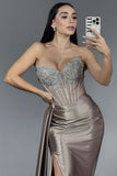 Sparkly Grey Mermaid Beaded Corset Prom Dress with Slit