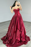 Burgundy Ruffled Strapless A Line Corset Long Prom Dress