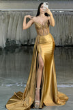 Sparkly Golden Corset Mermaid Long Satin Prom Dress with Slit