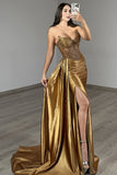 Sparkly Golden Corset Mermaid Long Satin Prom Dress with Slit