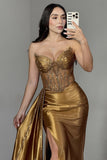 Sparkly Golden Corset Mermaid Long Satin Prom Dress with Slit