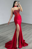 Sparkly Red Strapless Corset Mermaid Long Satin Prom Dress with Slit