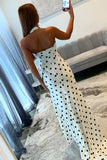 White Black Dot Halter Strapless Sheath Long Prom Dress with Slit