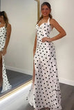 White Black Dot Halter Sheath Long Prom Dress with Slit