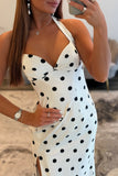 White Black Dot Halter Strapless Sheath Long Prom Dress with Slit