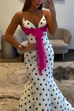 White Black Dot Halter Mermaid Long Prom Dress