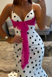 White Black Dot Halter Mermaid Long Prom Dress