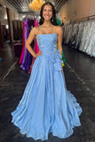 Blue Ruffled A Line Long Prom Dress with Beading