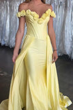 Yellow 3D Flower Corset Mermaid Long Satin Prom Dress