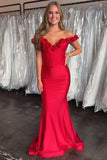 Red 3D Flower Off the Shoulder Mermaid Long Satin Prom Dress