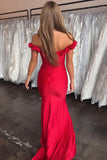 Red 3D Flower Off the Shoulder Mermaid Long Satin Prom Dress