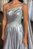 Sparkly Sliver One Shoulder A Line Long Prom Dress with Beading