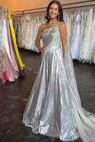 Sparkly Sliver One Shoulder A Line Long Prom Dress with Beading
