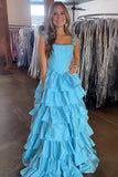 Blue Tiered Corset A Line Long Prom Dress with Ruffles