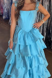 Blue Tiered Corset A Line Long Prom Dress with Ruffles
