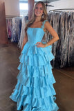 Blue Tiered Corset A Line Long Prom Dress with Ruffles