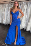 Sparkly Royal Blue Mermaid Beaded Corset Prom Dress with Slit