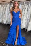Sparkly Royal Blue Mermaid Beaded Corset Prom Dress with Slit