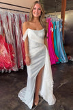 Sparkly White Sequins Off the Shoulder Sheath Long Prom Dress with Slit