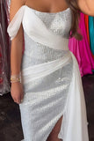 Sparkly White Sequins Off the Shoulder Sheath Long Prom Dress with Slit