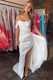 Sparkly White Sequins Off the Shoulder Sheath Long Prom Dress with Slit