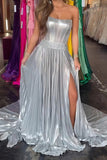 Sparkly Sliver Strapless A Line Corset Long Prom Dress with Slit