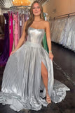 Sparkly Sliver Strapless A Line Corset Long Prom Dress with Slit