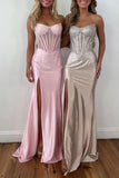 Yellow Strapless Corset Mermaid Beaded Long Prom Dress with Slit