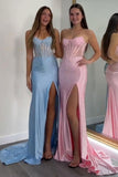 Yellow Strapless Corset Mermaid Beaded Long Prom Dress with Slit