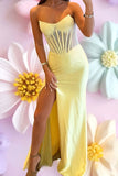 Yellow Strapless Corset Mermaid Beaded Long Prom Dress with Slit