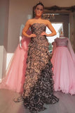Brown Leopard Strapless Long Prom Dress with Ruffles