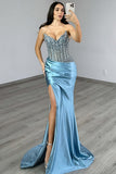 Strapless Blue Mermaid Beaded Corset Long Prom Dress with Slit