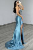 Strapless Blue Mermaid Beaded Corset Long Prom Dress with Slit