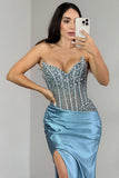 Strapless Blue Mermaid Beaded Corset Long Prom Dress with Slit