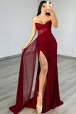 Burgundy Strapless Corset Mermaid Long Prom Dress with Slit