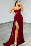 Burgundy Strapless Corset Mermaid Long Prom Dress with Slit