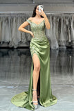 Green Off The Shoulder Corset Mermaid Long Prom Dress with Slit