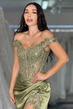 Green Off The Shoulder Corset Mermaid Long Prom Dress with Slit