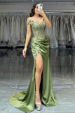 Green Off The Shoulder Corset Mermaid Long Prom Dress with Slit