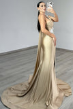 Golden One Shoulder Appliqued Mermaid Long Prom Dress with Slit
