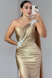 Golden One Shoulder Appliqued Mermaid Long Prom Dress with Slit
