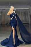 Golden One Shoulder Appliqued Mermaid Long Prom Dress with Slit