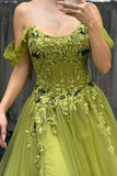 Off The Shoulder Green A-Line Corset Appliqued Long Prom Dress