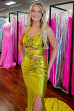 Halter Cut Out Yellow Mermaid Long Prom Dress with Slit