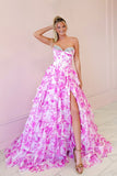 Sweetheart Fuchsia Flower A-Line Beaded Corset Long Prom Dress with Slit