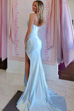 Light Blue Mermaid Spaghetti Straps Corset Long Prom Dress with Slit