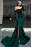 Dark Green One Shoulder Corset Mermaid Bead Long Prom Dress with Slit