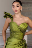One Shoulder Pleated Green Mermaid Long Prom Dress with Slit